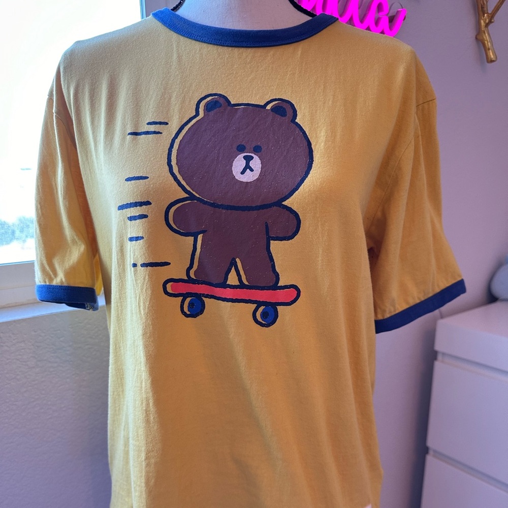 BT21 Brown Bear Skateboard Graphic Yellow Tee- Large